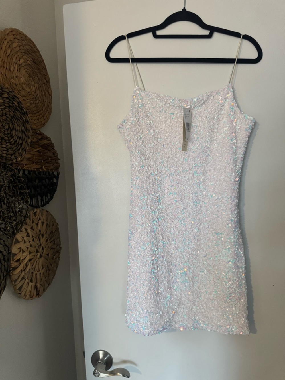 Sequin Mini Slip Dress in Iridescent White